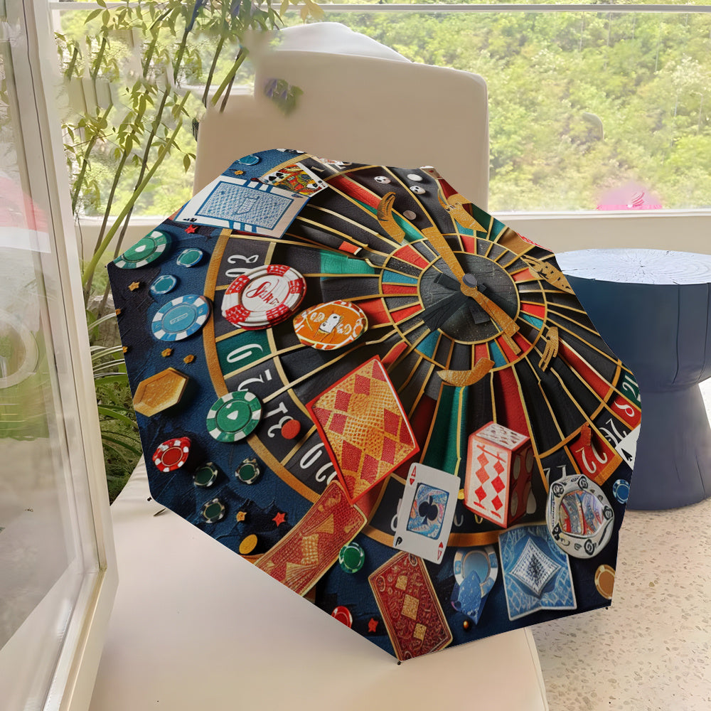 -Themed Poker & Roulette Umbrella with Poker & Card Symbols - Open/Close, 8-Rib Durable Frame, Portable Folding Umbrella for Poker Nights, Parties, Travel - Poker Chip Design  Accessory Gift for Men &
