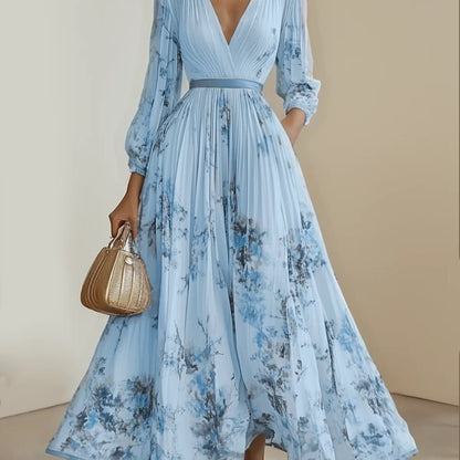 Women's Elegant A-Line Maxi Dress with V-Neck & full-length Zipper Back - Long Sleeve Summer Wedding Guest Gown, Pleated Maxi, Non-Stretch Fabric (Hand Wash/Dry Clean) - Floral print suitable for Prom, Party, Special Occasion