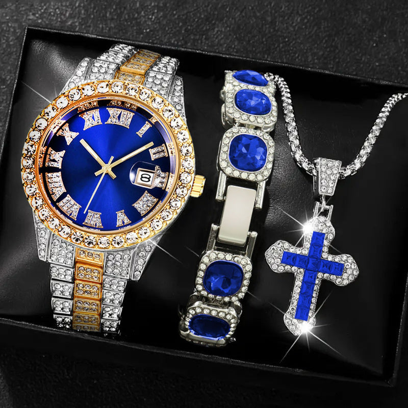 [Men's Watch Set] Luxury Men's Watch Set, Including Artificial Gemstone Bracelet and Cross Necklace, Roman Numeral Watch, Inlaid with Artificial Rhinestones, Perfect Gift for Men, Party Essentials