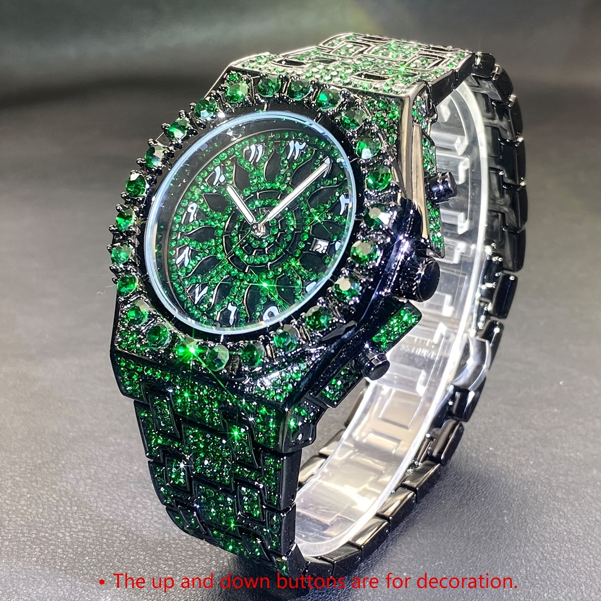 Men's Hip-hop Watch, Dating Party Men's Watch, Large Dial Green Ice Rhinestone, Luminous Pointer Clock, Men's Luxury Gift