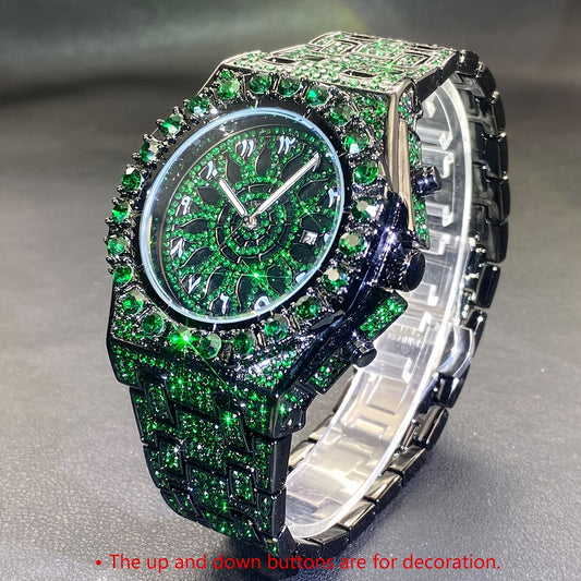 Men's Hip-hop Watch, Dating Party Men's Watch, Large Dial Green Ice Rhinestone, Luminous Pointer Clock, Men's Luxury Gift