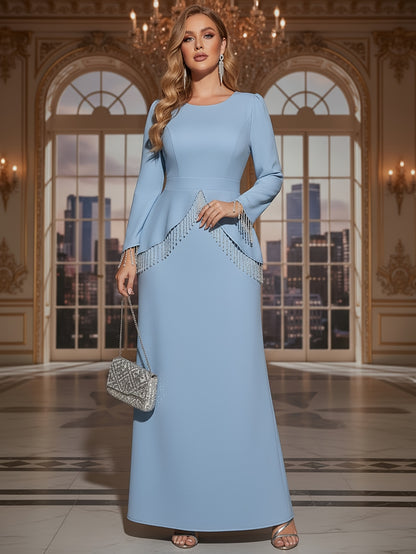 Light Blue Long-Sleeve Dress with Round Neck And Tassel Decoration for Women | Elegant And Sophisticated Minimalist Style Suitable for Everyday Outings And Formal Occasions