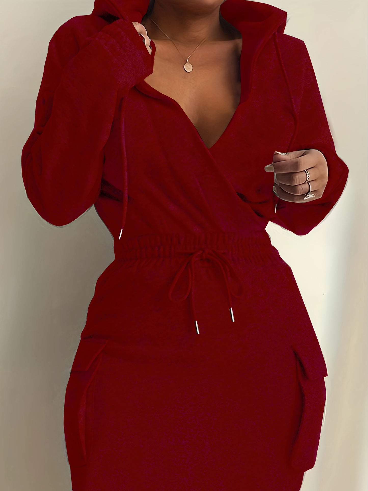 Fashionable Women'S Hooded Solid Color Casual Dress with Side Pockets, Suitable for All Seasons Including Spring, Summer, Autumn, And Winter. This Outdoor Stylish Dress Is Soft And Comfortable