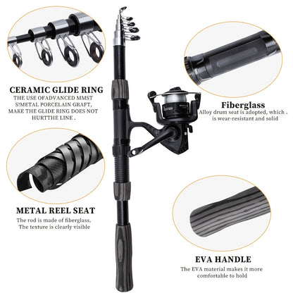 1.8-2.1m Telescopic Fishing Rod & Reel Combo with Carry Bag - Lightweight Fast Action Spinning Reel, Ambidextrous Left/Right Hand Operation, Medium Light Power For Saltwater & Freshwater Fishing, Ideal Gift For Christmas, Hal