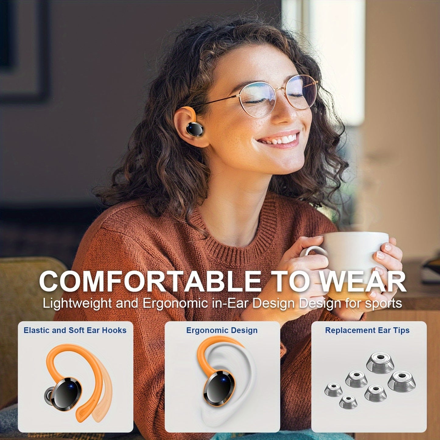 Q38 Wireless Earbuds, Wireless Headphones With HD Mic, Stereo Noise Cancelling Earbud, 48H Wireless Headphones Dual LED Display, Sport Wireless Earphones With EarHooks, USB-C
