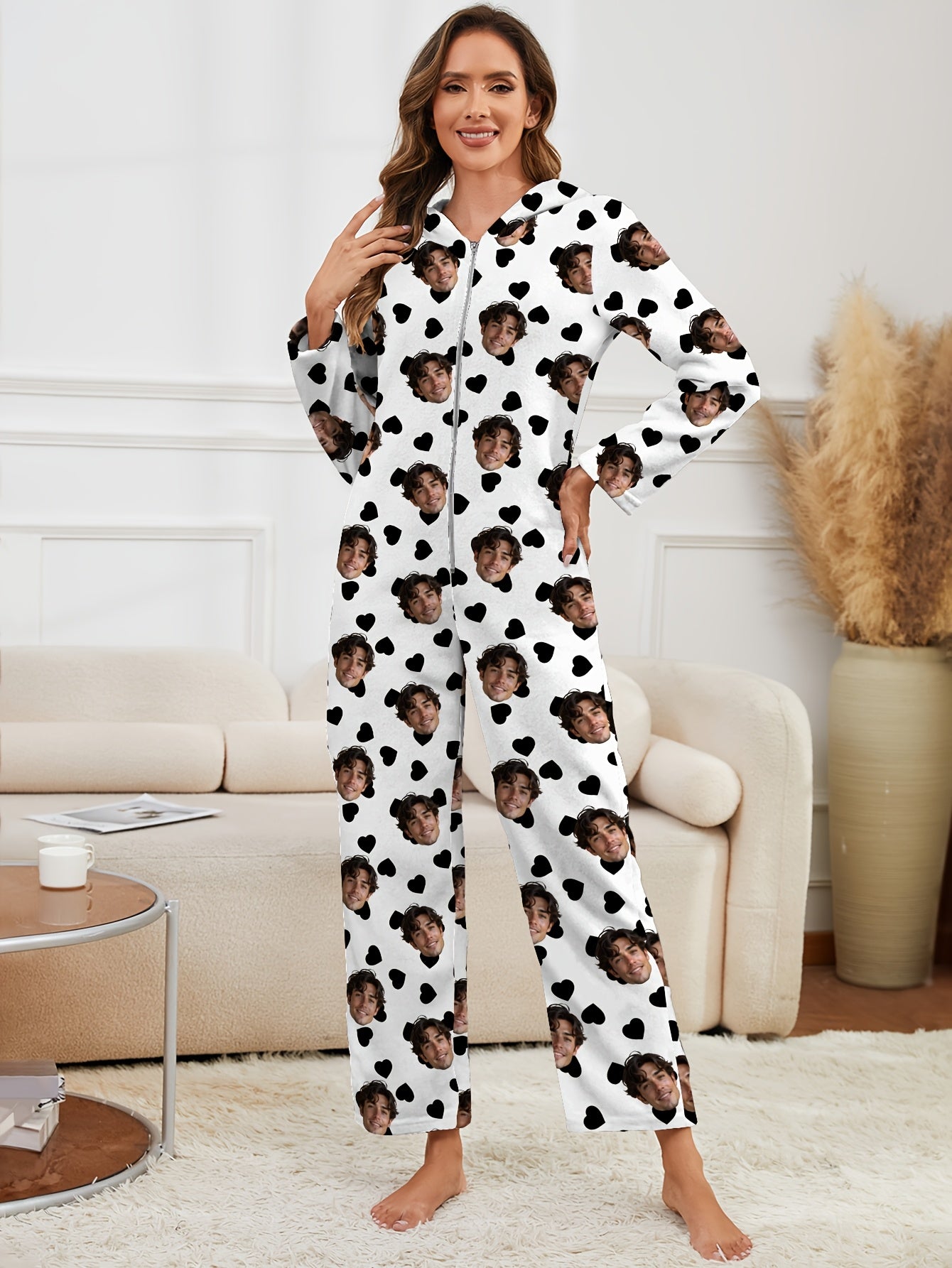 Custom Women'S Onesie Pajamas - Flannel Fleece Lined Heart Print | Zippered, Warm & Thick Loungewear | Customizable With Idol Merch, Face, Anime & Pet | Creative Christmas Gift/Couple Memorial | Perfect For Parties, Birthdays