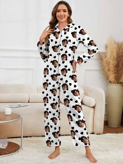 Custom Women'S Onesie Pajamas - Flannel Fleece Lined Heart Print | Zippered, Warm & Thick Loungewear | Customizable With Idol Merch, Face, Anime & Pet | Creative Christmas Gift/Couple Memorial | Perfect For Parties, Birthdays