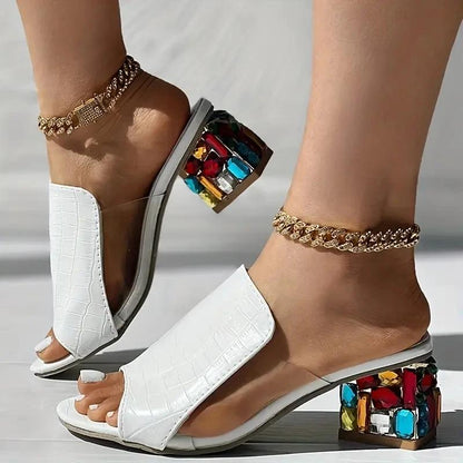 Wide Slip-On Mules for Women Featuring Chunky Mid-Heel And Open-Toe Design in Black Faux Material, Ideal for Comfort at The Beach, Casual Outings, And Semi-Formal Occasions. These Shoes Are Easy to Put on And Take Off, Perfec