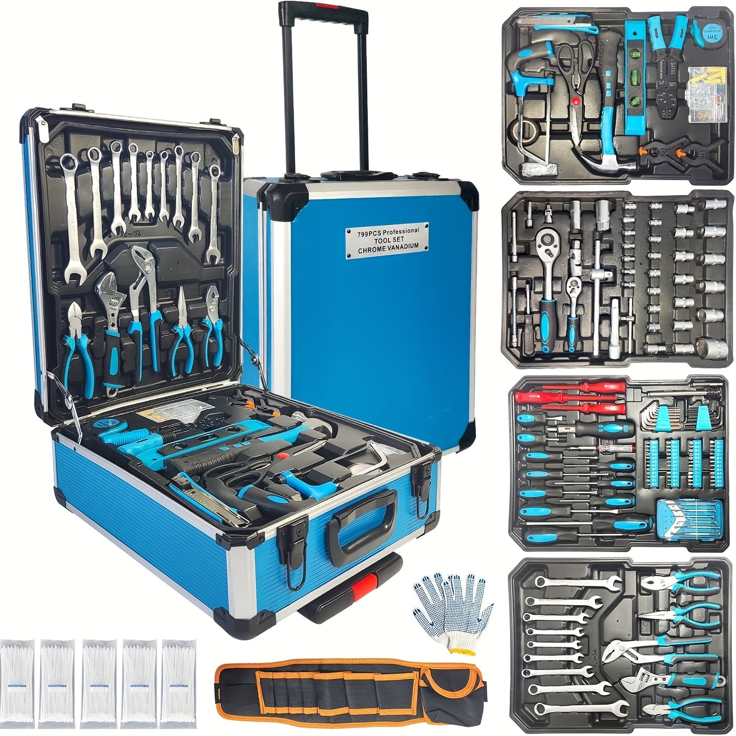 799pcs Men's Tool Set with Rolling Box, Complete Household Tool Kit in Aluminum Trolley Case, Ideal Father's Day Gift, Tool Box, Tool Set, valentines day gift