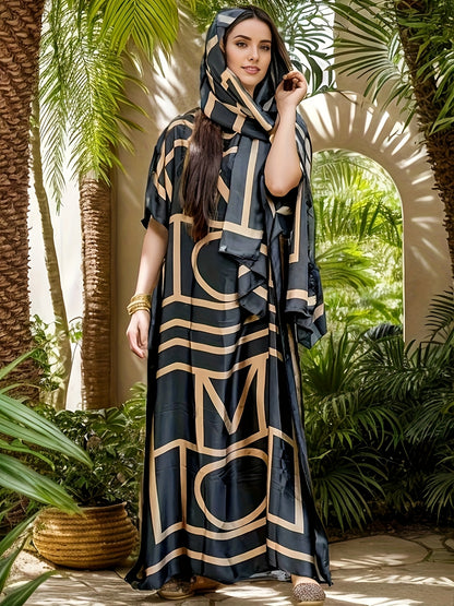 Plus Size - Elegant Black And Golden Geometric Letter Print Kaftan Dress - Comes with a Matching Headpiece | Ideal for Chic Everyday Outfits And Fashion Occasions