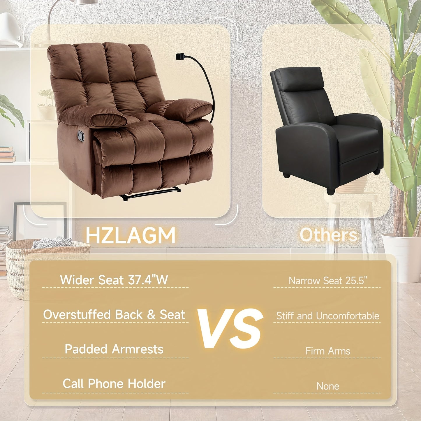 Chizzysit 2 Pack Manual Recliner Chair, Oversized Reclining Chair, Velvet Comfortable Recliner Chairs for Adults with Soft Overstuffed Arms And Back, Heavy Duty Reclining Chair for Living Room, Ergonomic Single Sofa Chair, So