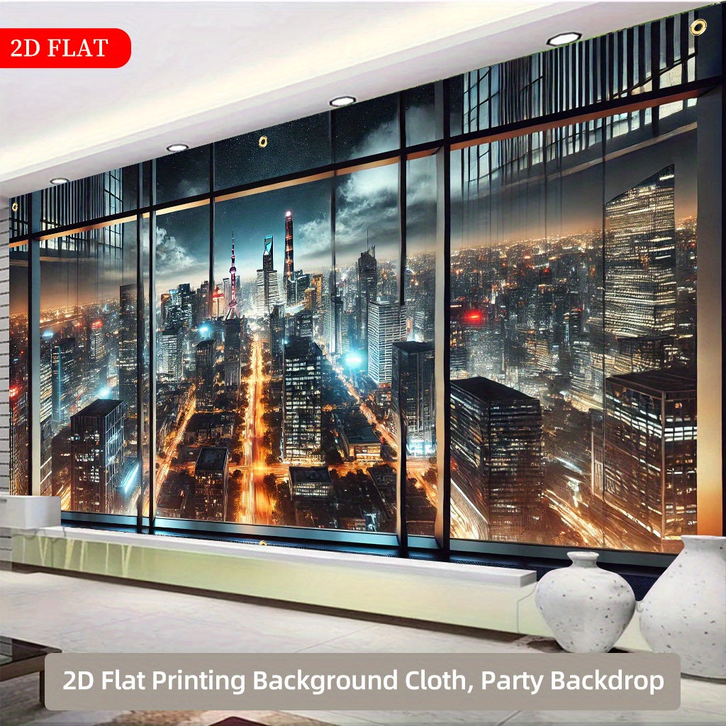 2D Flat 1-Piece Night City Skyline Polyester Fabric Backdrop, 71x157 Inches, Multi-Scene 2D Printed Decor for Parties, Festivals, Gardens & Garages – No Power Needed