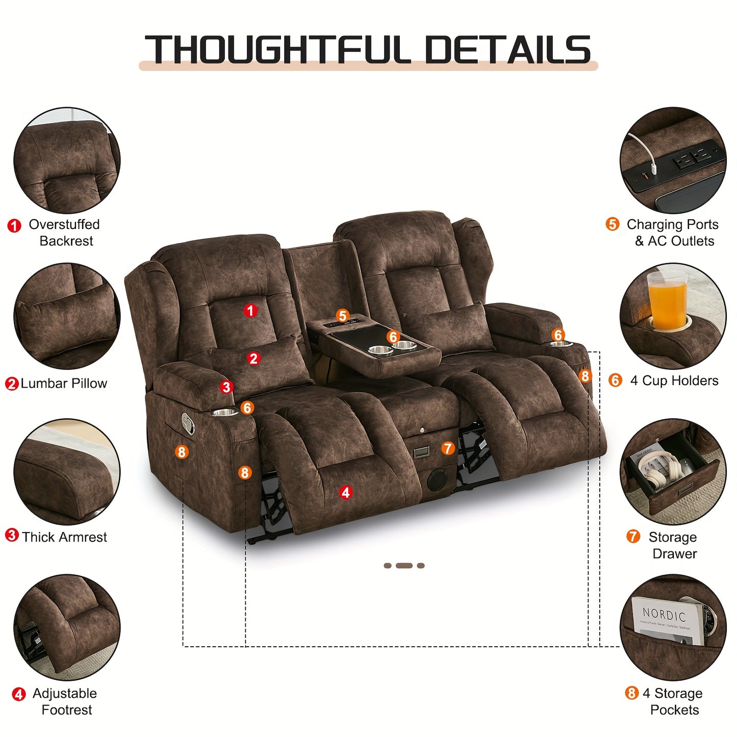 68" Rocker Recliner Loveseat Sofa with Console - Manual Reclining Rocking Chair, Faux Leather, USB Outlets & Side Pockets, Metal Frame, 110-240V Plug Powered