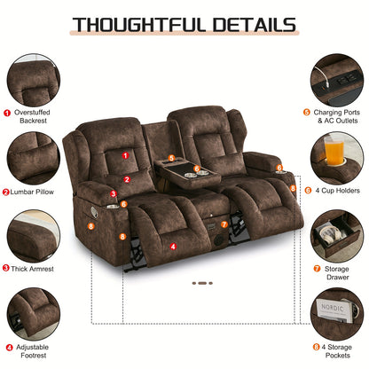 68" Rocker Recliner Loveseat Sofa with Console - Manual Reclining Rocking Chair, Faux Leather, USB Outlets & Side Pockets, Metal Frame, 110-240V Plug Powered