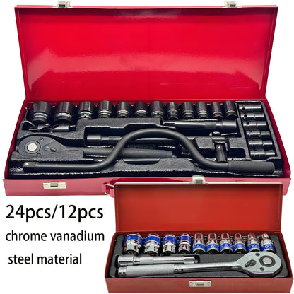 12/24pcs Socket Set, Wrench Set, Ratchet Wrenches Set with CR-V Sockets Metric & Extension Bar for Automotive Repair & Home Use, Ratchet Set with Hard Storage Case