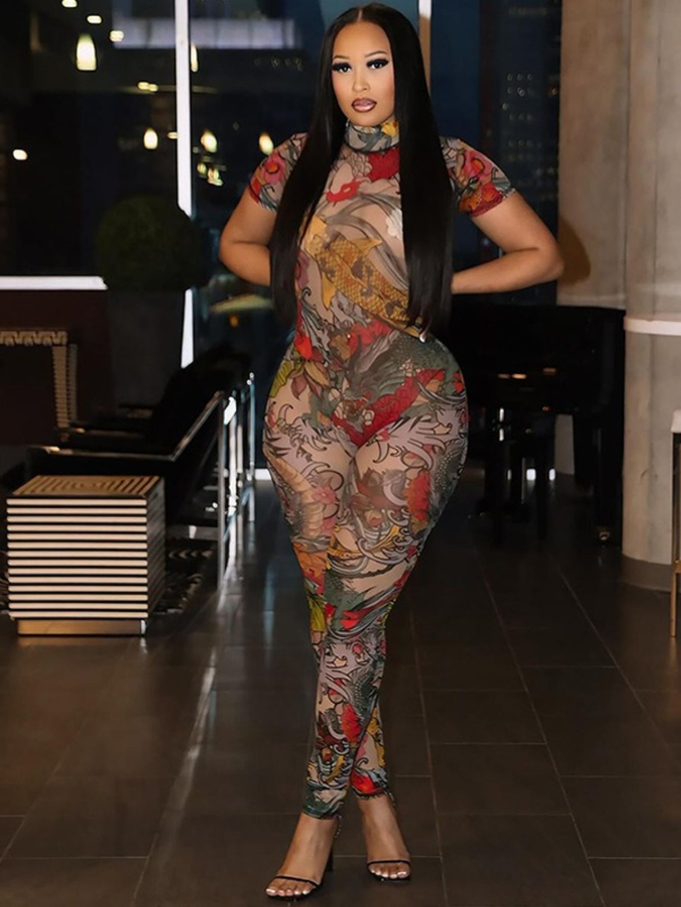 Women'S All-Over Print High-Neck Short Sleeve Jumpsuit - Slim-Fit See-Through Backless Bodysuit with Animal & Abstract Patterns, All-Season Elegant Party & Casual Outfit, Comfortable Stretch Fabric for Year-Round Wear (No Lin