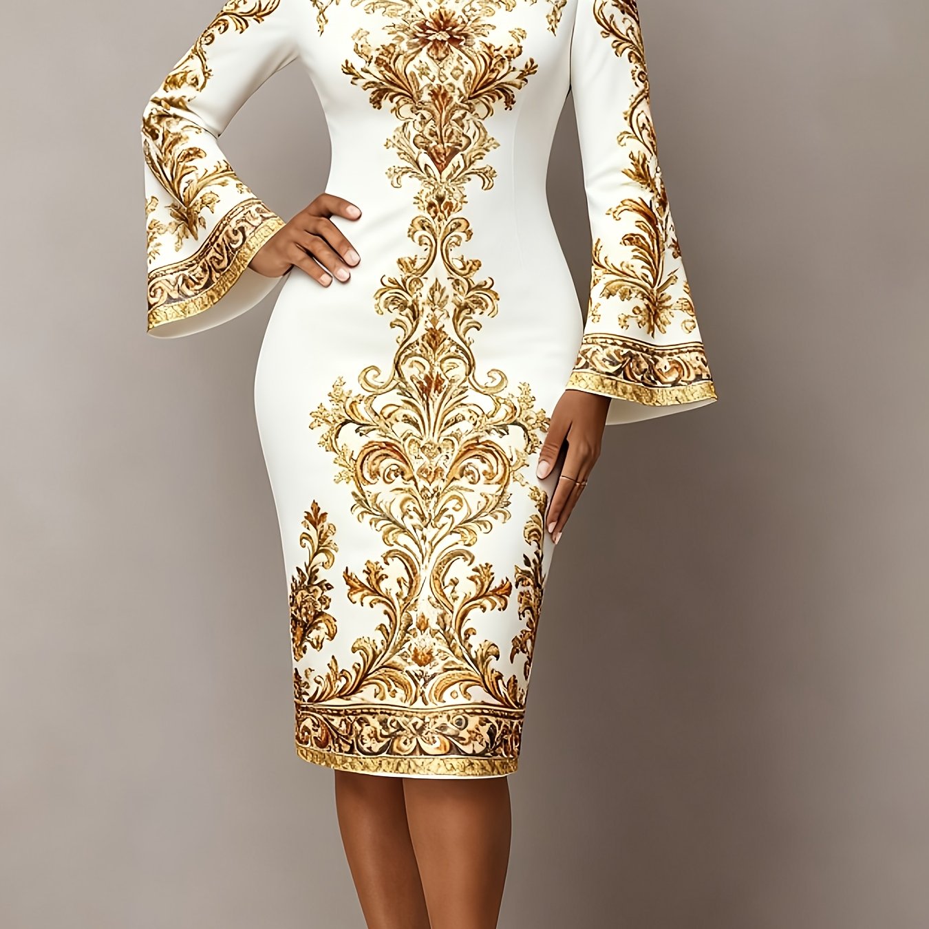 Champagne Golden Premium 2D Flat Print - Not Fabric Texture, Women's Long Flared Sleeves, Hip Hugging Slim Fit, Thin Dress, Slim Fit, Comfortable Fabric, Fashion, Women's Daily Travel, Elegant Leisure, Dating Party, Mature, S