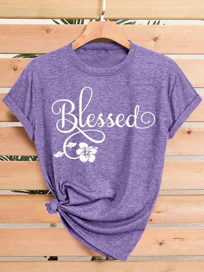 Women's Casual Short Sleeve T-Shirt - Blessed Floral Print Retro Style, Soft Stretch Round Neck Top, Machine Washable All-Season Comfort, Multi-Color Options S-XXL, Ladies T Shirts