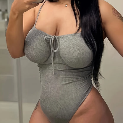 Plus Size - Ladies' Strap Bow Tie Halter Bodysuit, Plus Size Summer Outfit, Form-Fitting Jumpsuit, Sexy Attire | - Blend | Floral Lace Details | Sleeveless, Open Back Design | Stretchy And Comfortable | Machine Washable | Ver