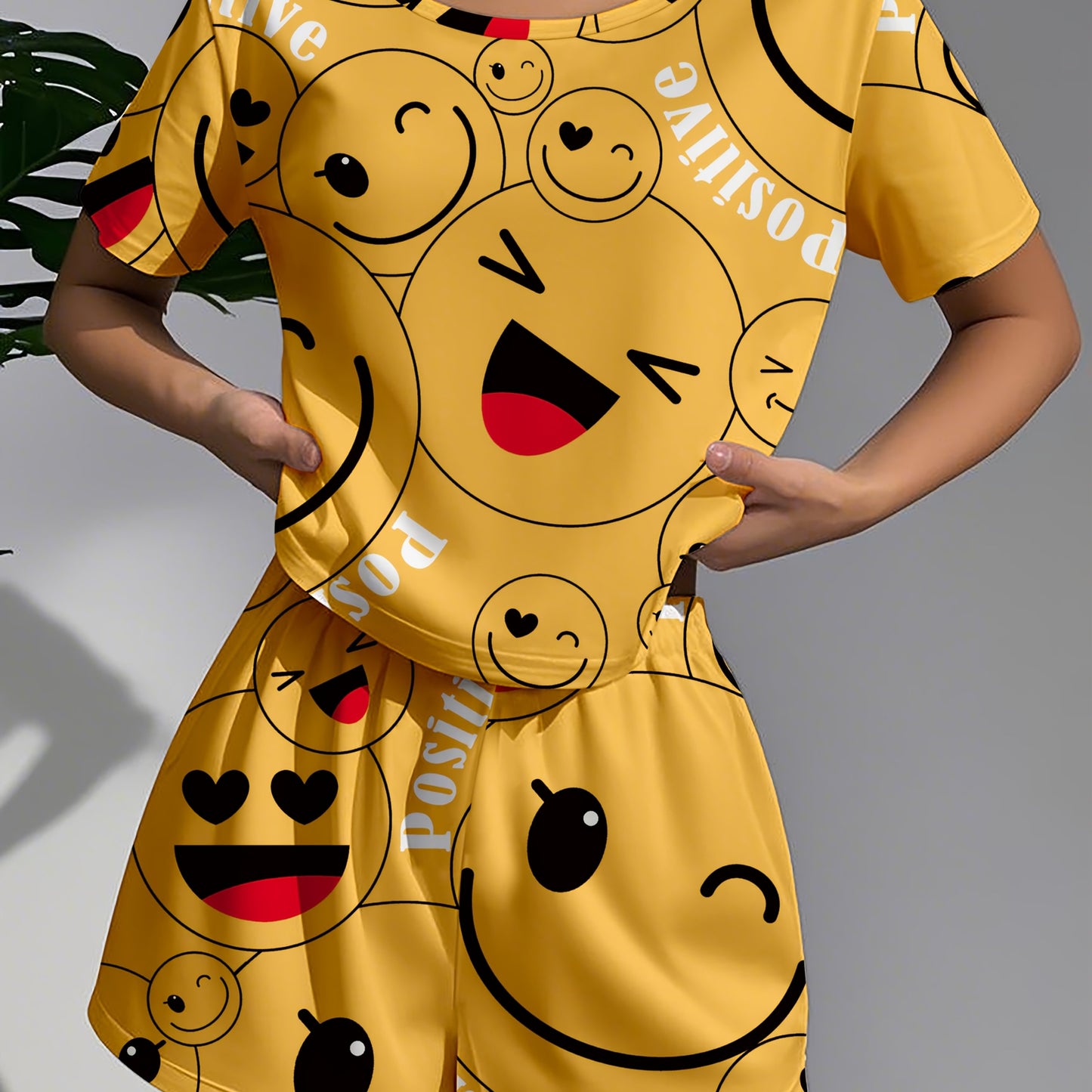 Women's Pajamas Women's Casual Sleepwear Happy Theme Patterned Pajama Set, Soft Loose Fit Short Sleeve Top with Elastic Pants, Machine Washable and Dry Cleanable, Perfect Sleeping Choice