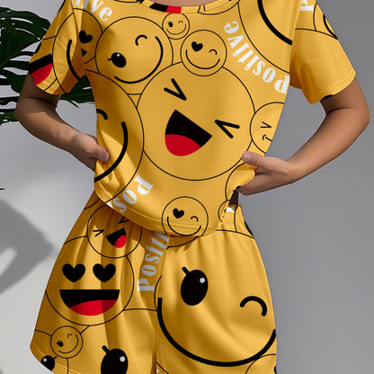 Women's Pajamas Women's Casual Sleepwear Happy Theme Patterned Pajama Set, Soft Loose Fit Short Sleeve Top with Elastic Pants, Machine Washable and Dry Cleanable, Perfect Sleeping Choice