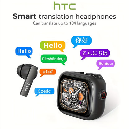HTC NE40 Rotary Screen TWS Translator Buds Wireless 6.0 134-Language Face-to-Face Simultaneous Interpretation 48h Total Battery & 10-min Fast Charge LED Full-Color Touch Dial HiFi Audio-Travel-Call Ready Black And Grey