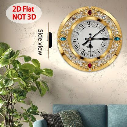 1pc 2D plane wall-mounted clock decoration, 10/12inch Golden multi-jewel crystal decorated wooden wall clock, diamond effect/pattern, no diamonds word wooden circular wall-mounted clock, wooden circular decorative clock with