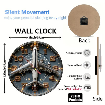 1pc Aviation-Themed Airplane Wall Clock - 9.8 Inch Round Dark Blue & Golden Artificial Wood Silent Non-Ticking Large Easy-Read Black Hands, Farmhouse Decor for Home Office Kitchen Bedroom, Aviation Enthusiast Gift (Battery No