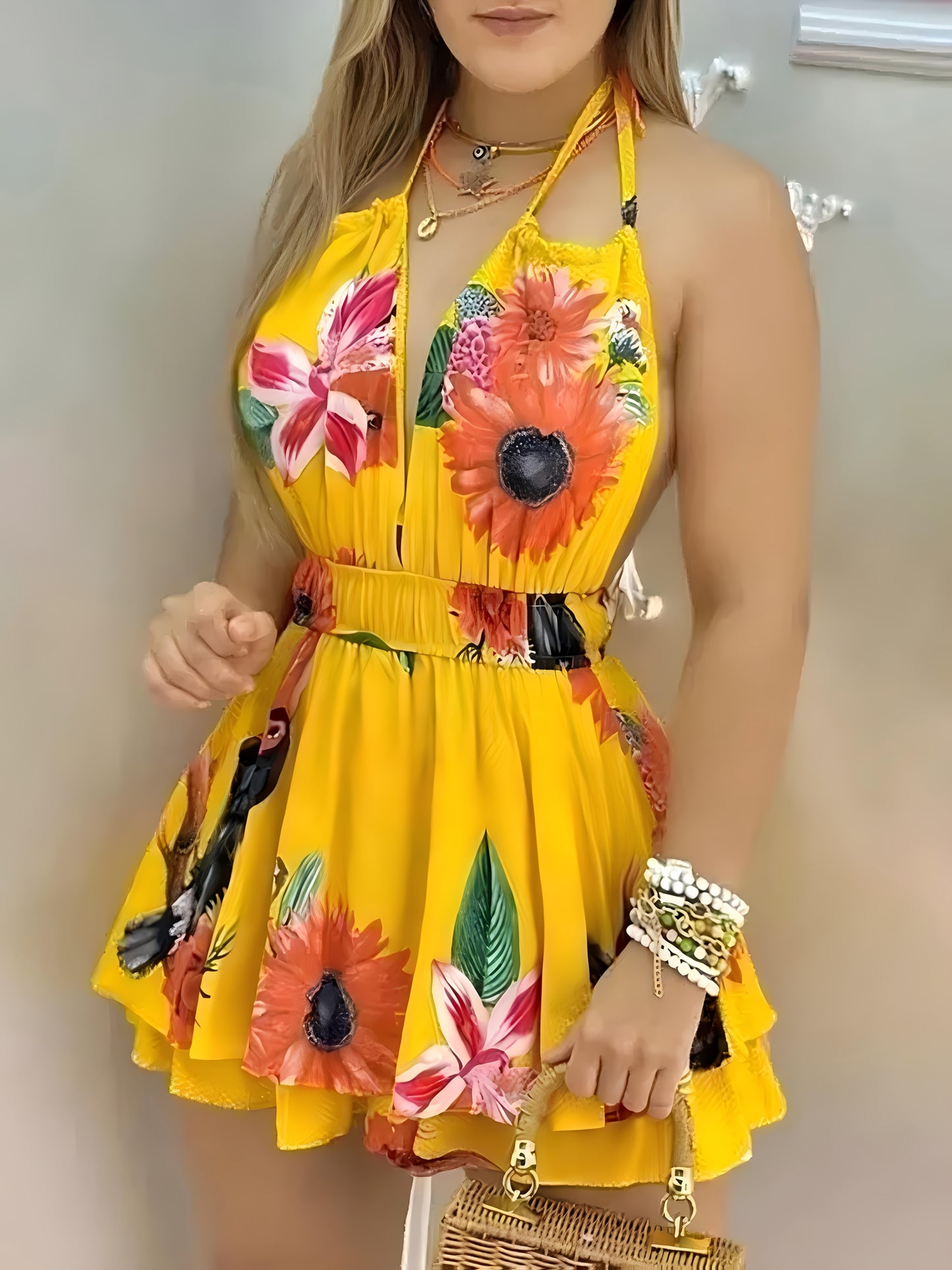 New Spring Summer Elegant Fashion Mini Jumpsuit, High-Waisted Backless with Ties, Perfect for Vacation and Cruise Trips
