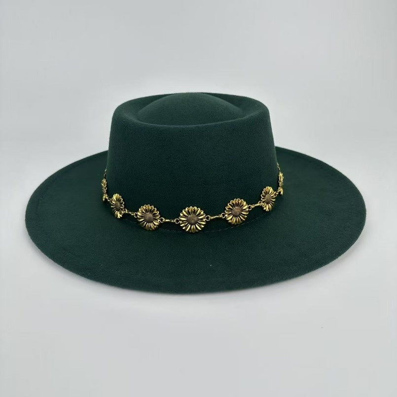 1pc Bohemian-style Unique and Fashionable Felt Hat - Decorated with Exquisite Golden Flower Chain Fedora Hat - Suitable for Daily Street Style, Music Festival Outfits, Bohemian-inspired Looks, Casual Outings and Trendy Season
