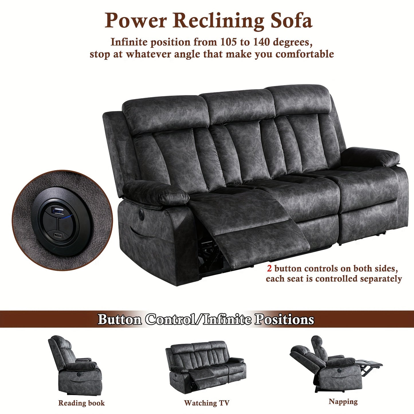 Reclining Sofa-Power Recliner Sofa With Heat And Massage, Recliner Sofa With Drop Down Table, Reclining Couch 3 Seater For Living Room, Home Theater Seating With Cup Holders, USB & Type-C Ports (Grey)