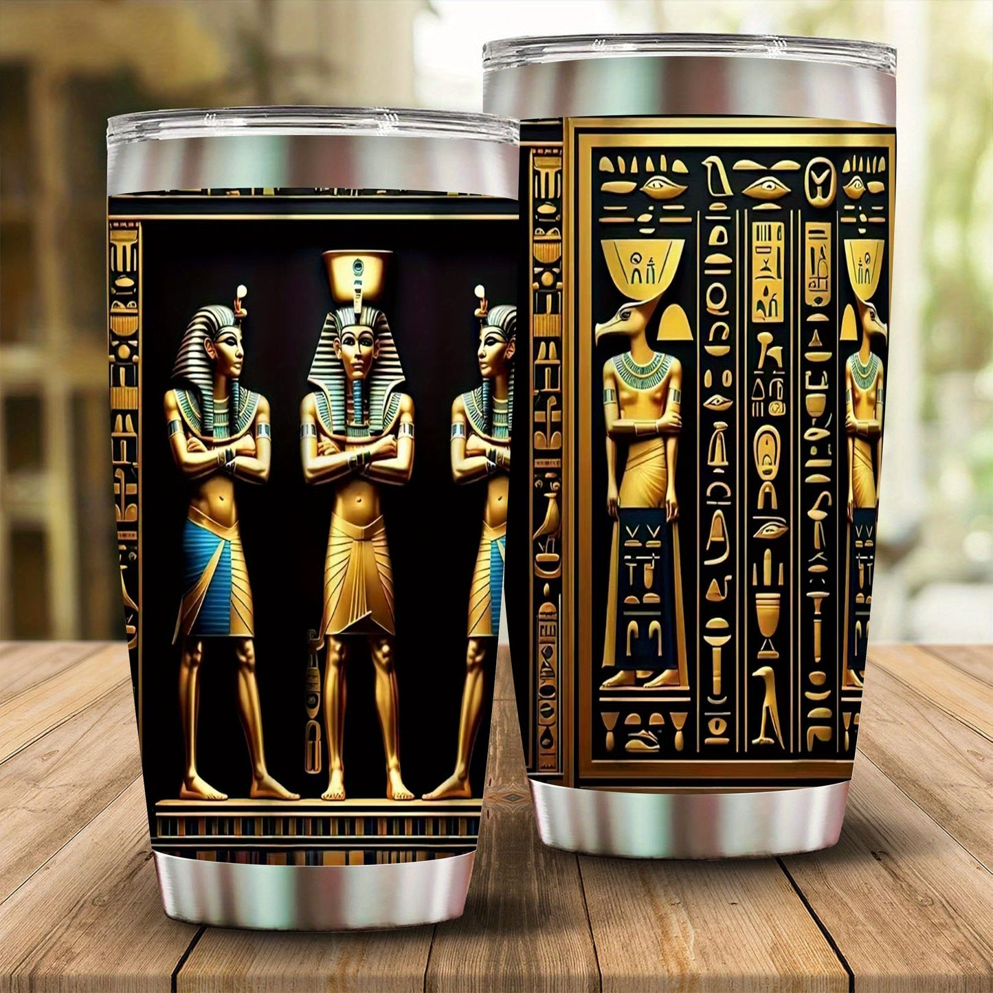 1pc Egyptian Hieroglyphs & Pharaohs Tumbler with Lid & Straw - 12oz/20oz Insulated Travel Mug, Double-Wall Vacuum Cup with Golden & Black Egyptian Design, Tutankhamun & Anubis Pharaohs, Ideal Gift for History Buffs, Christmas