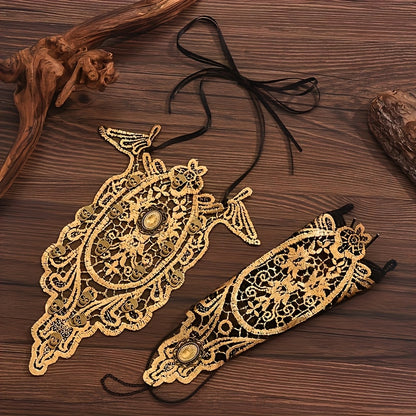 2pcs Halloween Gothic Exaggerated Hollow-Out Lace Skull Bracelet And Necklace Set for Women