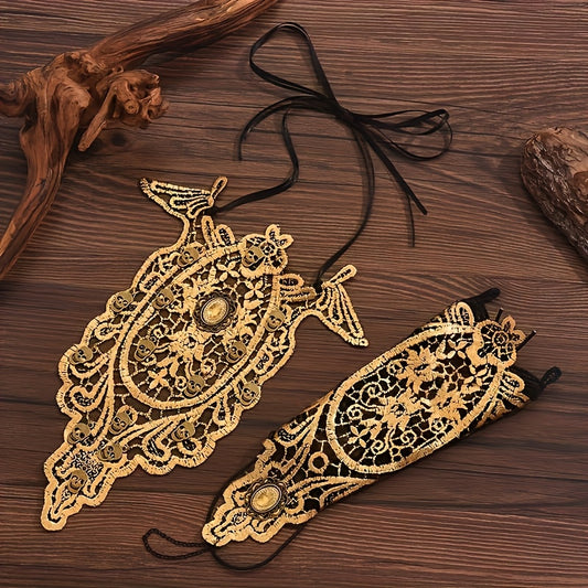 2pcs Halloween Gothic Exaggerated Hollow-Out Lace Skull Bracelet And Necklace Set for Women