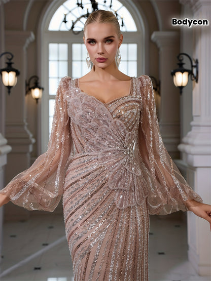 Elegant Square Neck Long Sleeve Bodycon Fishtail Gown with Applique Sequins | Perfect for Weddings, Banquets, and Parties, All-Season Wear