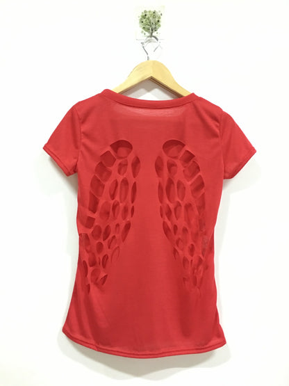 Amazon Back Burning Flower Laser Carving Hollow Angel Wings Black Round Neck Short Sleeve Women's T-shirt for Foreign Trade