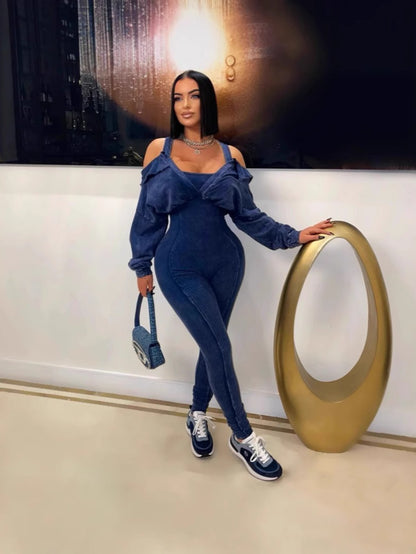 Hot Women'S V-Neck Tight-Fitting Jumpsuit Autumn And Winter New Women'S Sexy