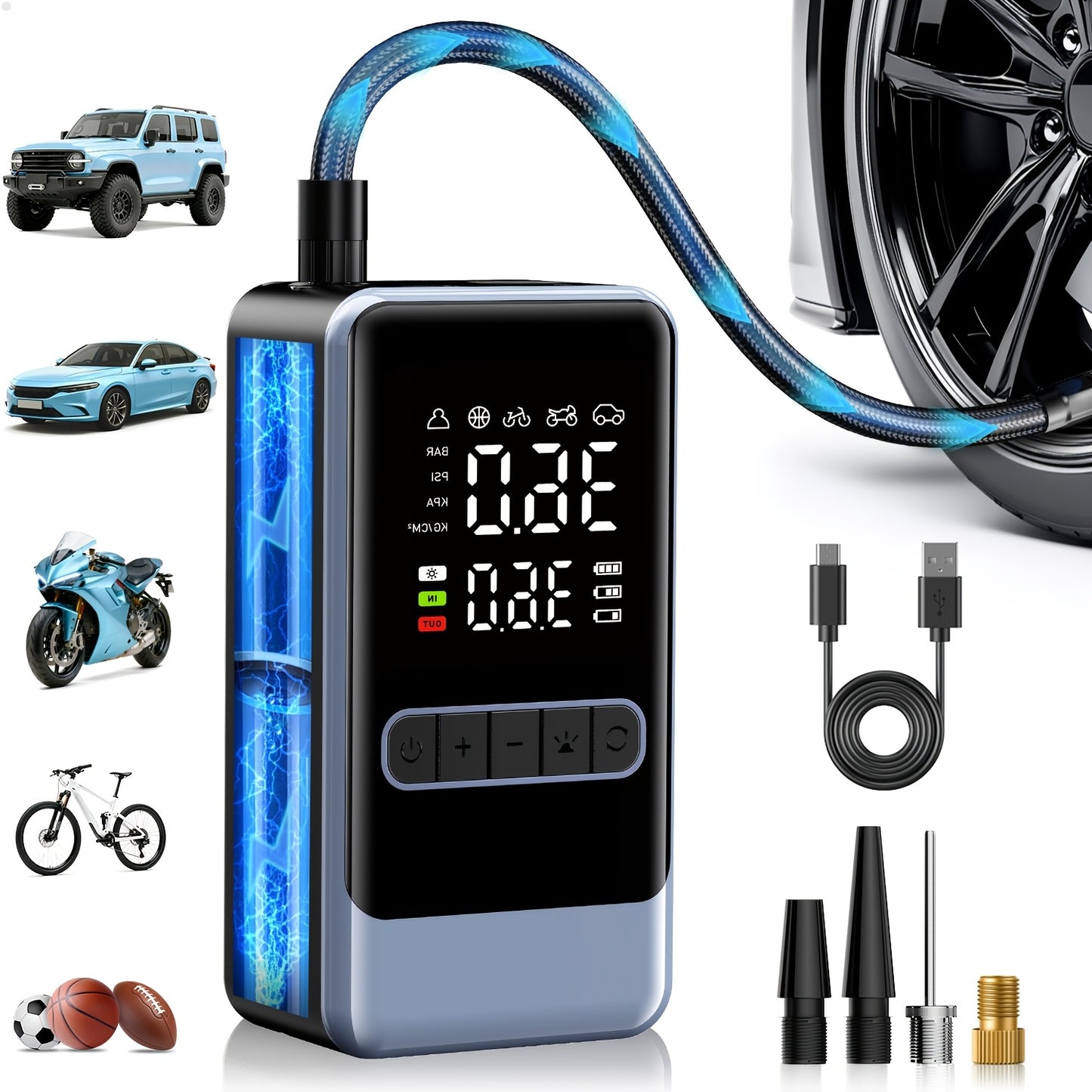Tire Inflator Portable Air Compressor, Portable Air Compressor with Digital Gauge & LED Light, USB Rechargeable, 3X Fast Inflation, for SUV Cars Bikes Motorcycles & Sports Equipment And Ball, Black Friday Christmas 2026 New Y