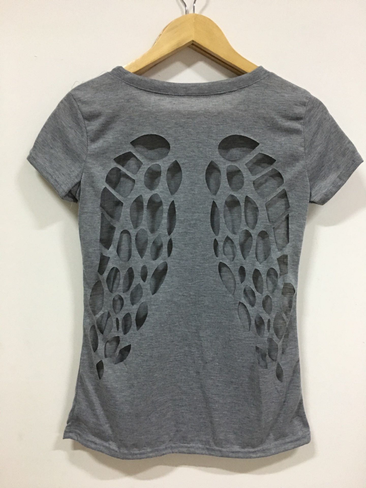 Amazon Back Burning Flower Laser Carving Hollow Angel Wings Black Round Neck Short Sleeve Women's T-shirt for Foreign Trade