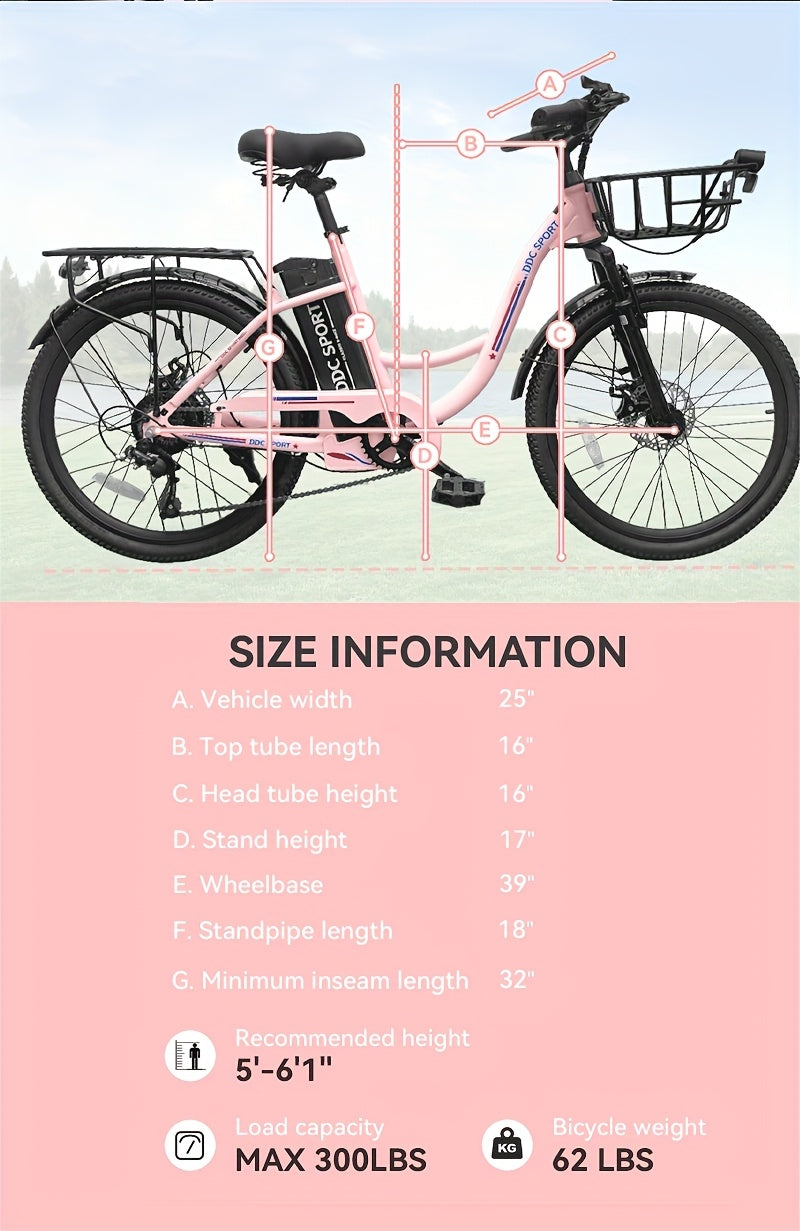 Sakura Pink Electric Bike for Adults, 500W Motor 7-Speed Commuter Ebike with 36V/10.4Ah Removable Battery, 20 MPH & 25-40 Miles Range, 24 Inch Electric Bike, Beach Cruiser Ebike for Women, Students & Commuters, Electric Bike