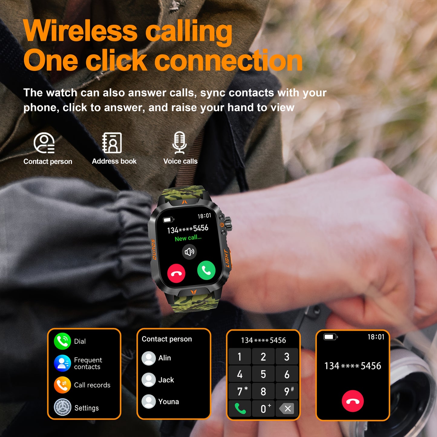 QTLJJBY Outdoor Sports Smartwatch with One-Touch Call Answering/Dialing, Message Notifications, Multiple Sports Modes, Activity Tracker (Calorie, Pedometer), Flashlight, 600mAh Battery, IP68 Waterproof, Couple's Watch, Perfec