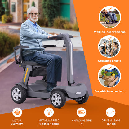 Senior Mobility Scooter 4-Wheel Foldable Electric Scooter for Adults, Lightweight & Portable with LED Lights, Storage Bag & Charger Included, Ready to Use for Travel