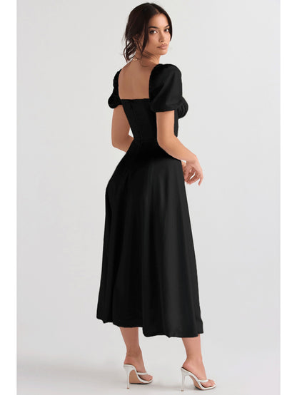 Elegant Puff Sleeve Tie-Waist Dress | High Waist Design, Off the Shoulder, Solid Color, Flared Hem, Midi Length for Spring/Summer Fashion