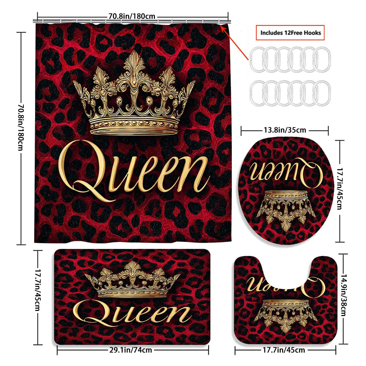 4pcs Queen Crown Shower Curtain Set, Bathroom Partition Curtain, Home Decor, Modern Home Curtain Decoration Housewarming Gift, Shower Curtain Toilet Mat Bathroom Mat 4pcs Set, Bathroom Supplies, Shower Curtain Set with 12 Fre
