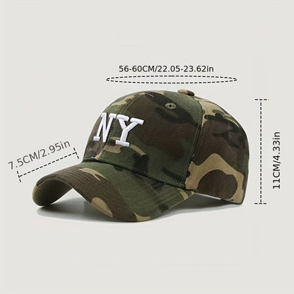 Unisex Camouflage Baseball Cap with NY Letter Embroidery - Adjustable Snap Closure, Lightweight 100% Acrylic Suitable for Outdoor, Casual, And Party Wear, Printed Baseball Cap, Black Baseball Cap, Mesh Baseball Cap, Casual We