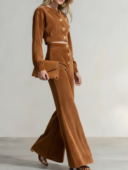 Two-Piece Ensemble: A Cropped Top in Caramel-Hued Corduroy with Metal Buttons Paired with Bell-Bottom Trousers | A Retro-Modern Design for Women, Ideal for Daily Wear, Social Gatherings, And Autumn/Winter Attire