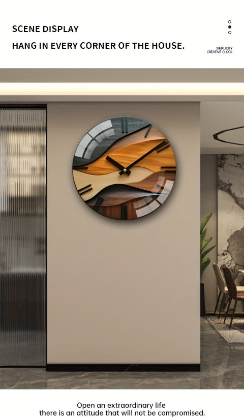 [Artistic Wall Clock] 12-inch Artistic Round Glass Wall Clock, Silent Non-Ticking High Quality Movement, 3mm Thickened Steel Tempered Glass, Faux Wood Grain Nordic Style with Corrugated Design | 1pc, Living Room Bedroom Home