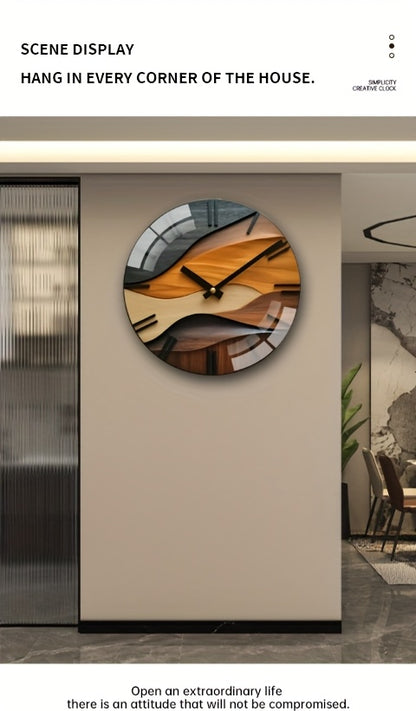 [Artistic Wall Clock] 12-inch Artistic Round Glass Wall Clock, Silent Non-Ticking High Quality Movement, 3mm Thickened Steel Tempered Glass, Faux Wood Grain Nordic Style with Corrugated Design | 1pc, Living Room Bedroom Home
