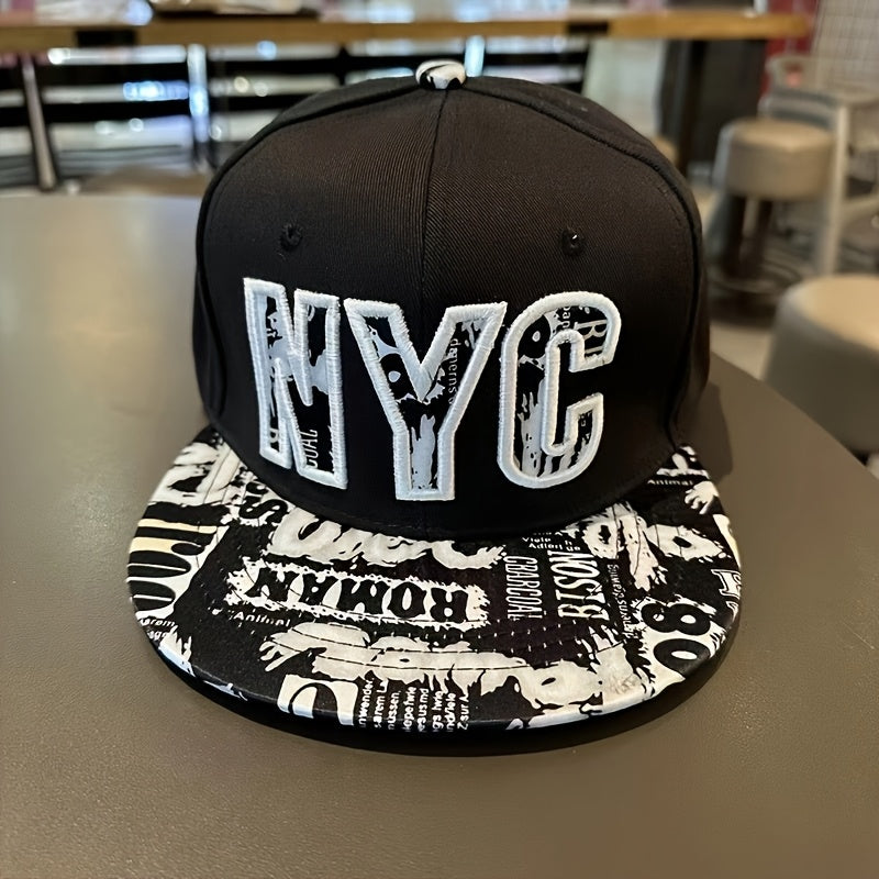 Unisex Flat-Brimmed Snapback Baseball Cap - Black & White NYC Graphic Print, 100% Acrylic Breathable Hip Hop Hat for Men & Women, Adjustable Fit for Casual Outdoor Sports, Parties & Urban Streetwear
