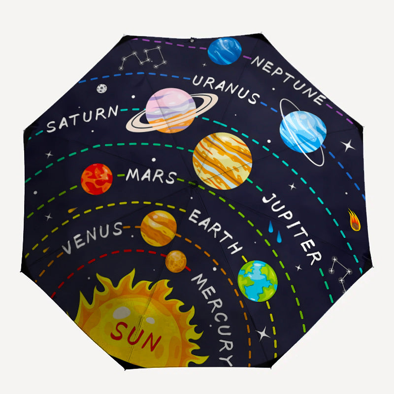 Automatic Open/Close Umbrella with One-Touch Button - Solar System Design (Planets, Stars) - Compact Folding Umbrella with 8-Rib Strong Frame - All-Season Portable Umbrella for Travel, School, Office, Gifts - Space-Themed Dec